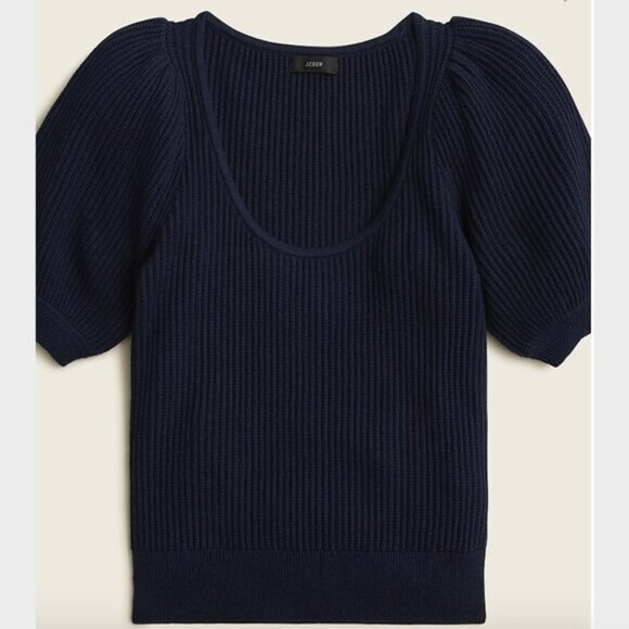 J. Crew Navy Blue Cashmere-Cotton Blend Scoop Neck Short Sleeve Sweater - Size L - Picture 1 of 8